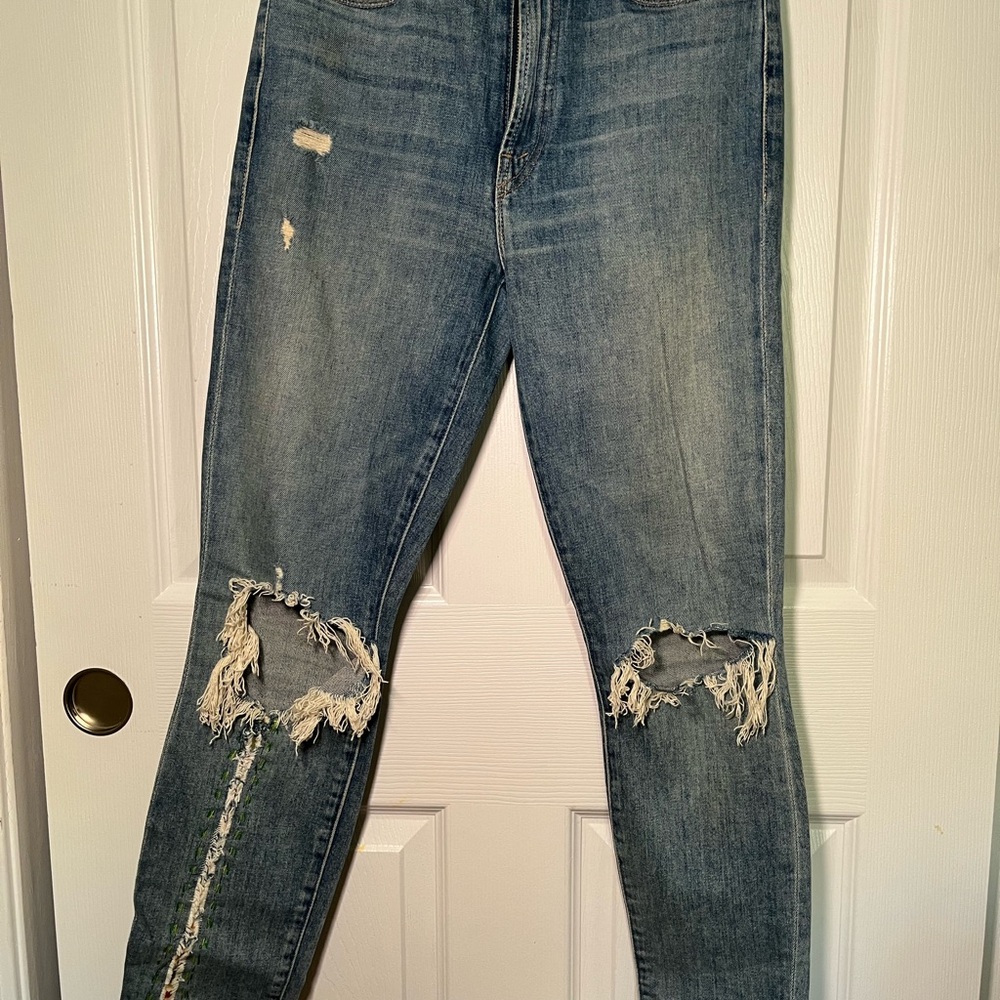 MOTHER Blue Skinny Jeans with Vintage Distressing